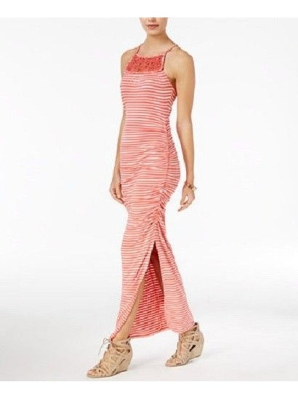 Jessica Simpson Coral/White Striped Tessanne Crochet-Trim Maxi Dress Size Large